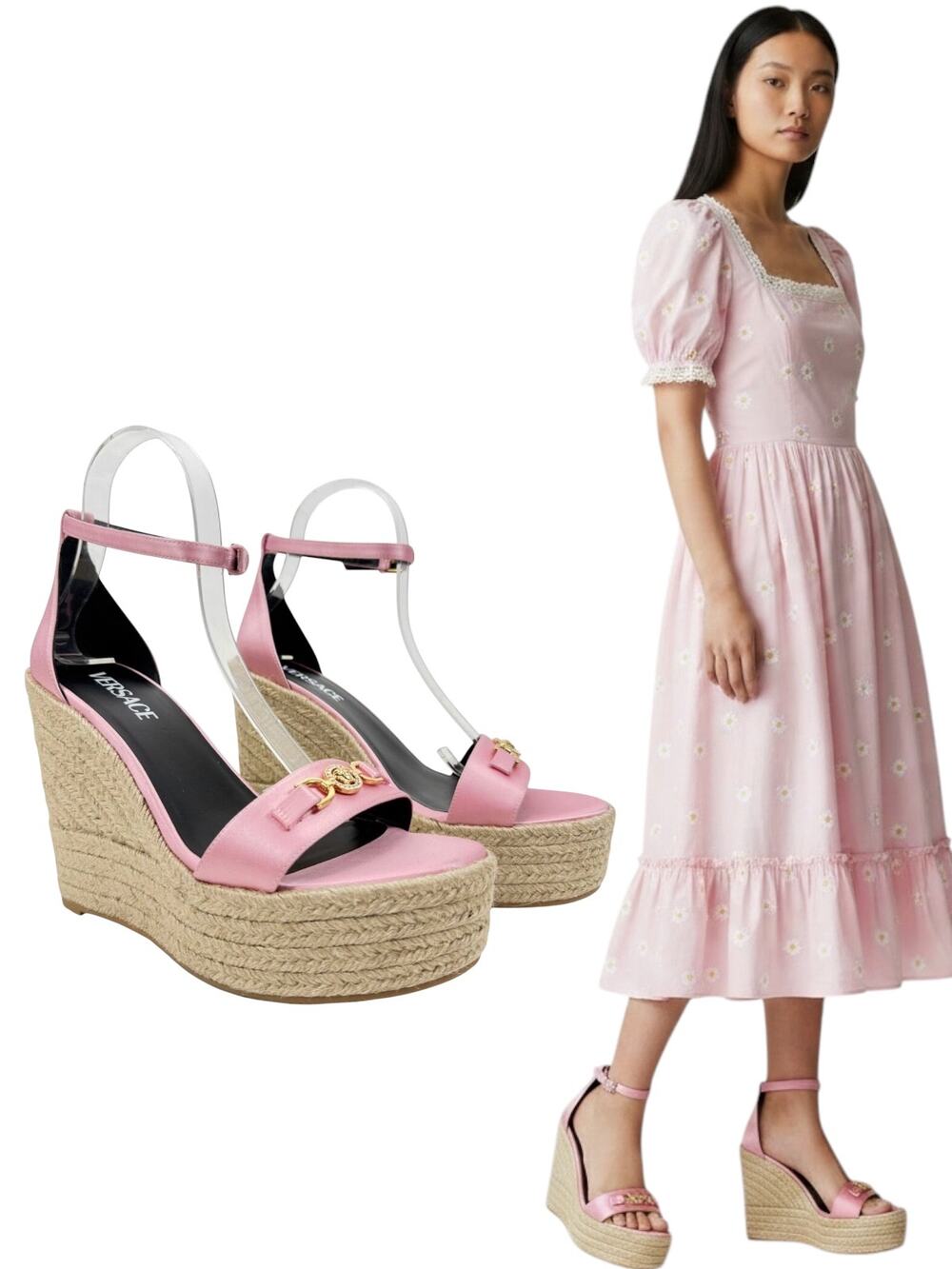 New Versace 95 Medusa Satin Espadrille Wedge Sandals Pink Size 40